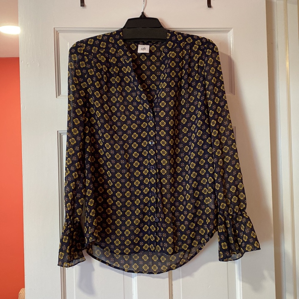 Cabi #3772 Mosaic Blouse Navy Sheer Button-Down S